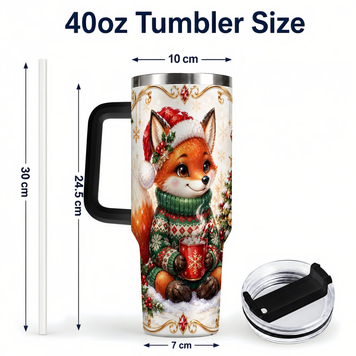 #pl[40oz|Black] Christmas Fox 40oz Tumbler, Cozy Holiday Stainless Steel Travel Cup