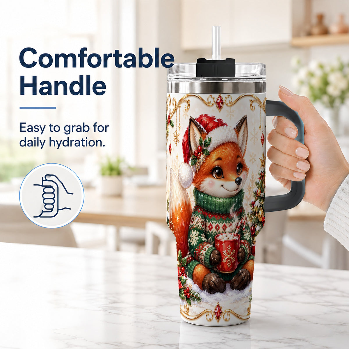 #pl[40oz|Black] Christmas Fox 40oz Tumbler, Cozy Holiday Stainless Steel Travel Cup
