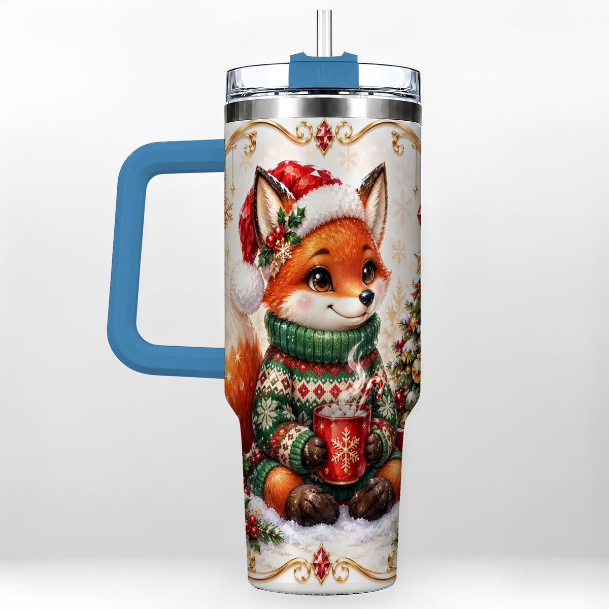 #pl[40oz|Blue] Christmas Fox 40oz Tumbler, Cozy Holiday Stainless Steel Travel Cup