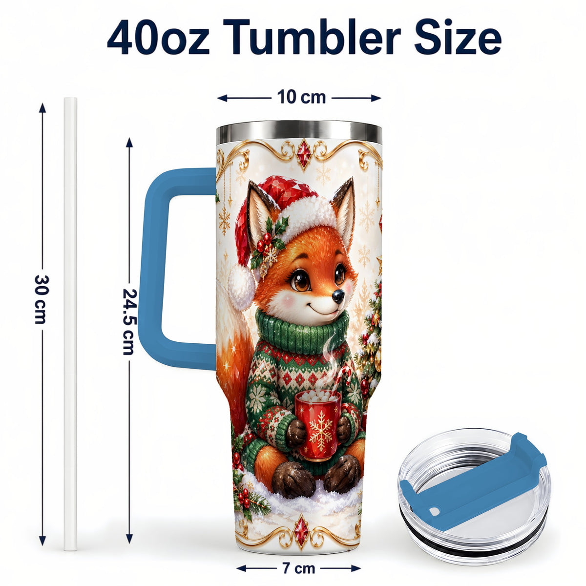 #pl[40oz|Blue] Christmas Fox 40oz Tumbler, Cozy Holiday Stainless Steel Travel Cup