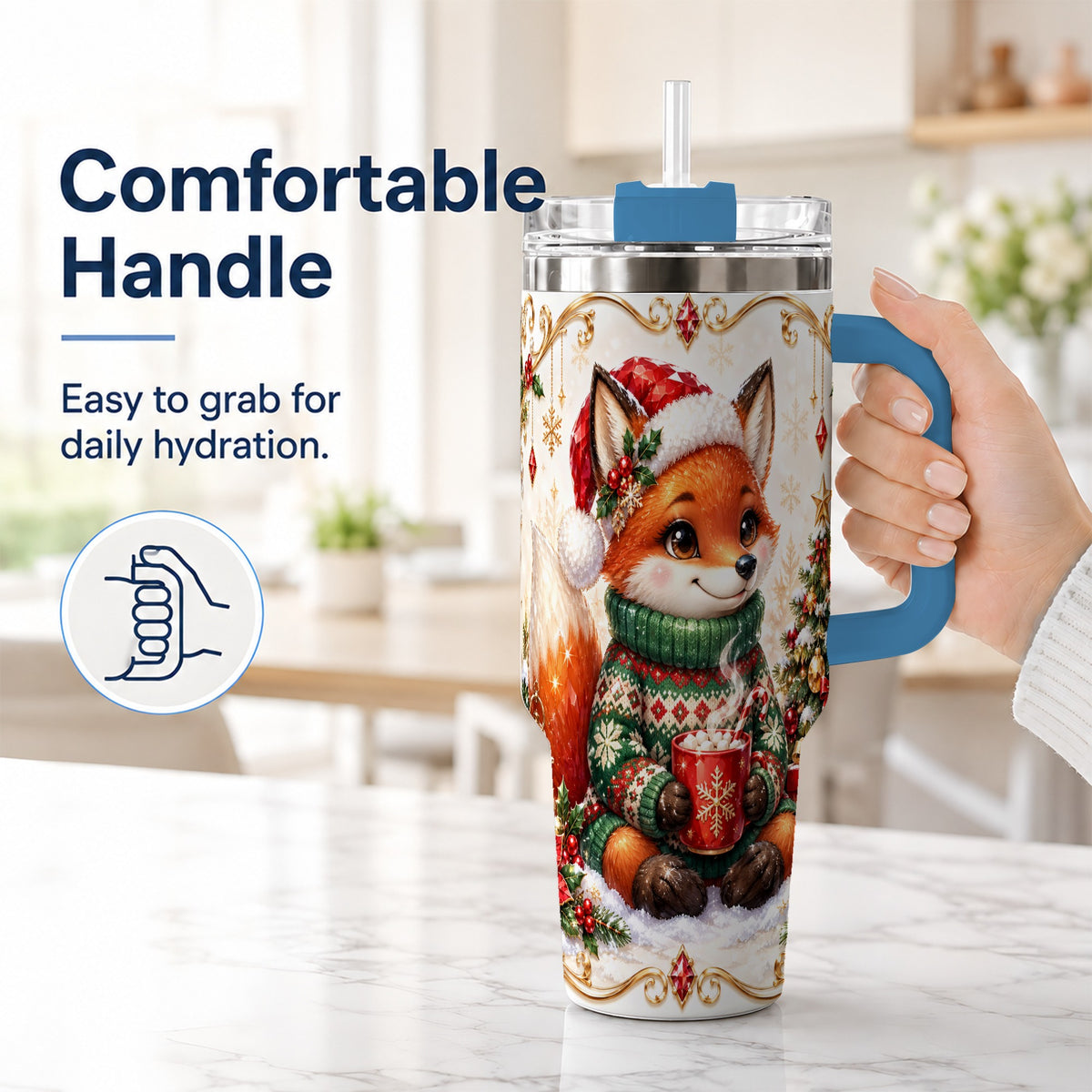 #pl[40oz|Blue] Christmas Fox 40oz Tumbler, Cozy Holiday Stainless Steel Travel Cup