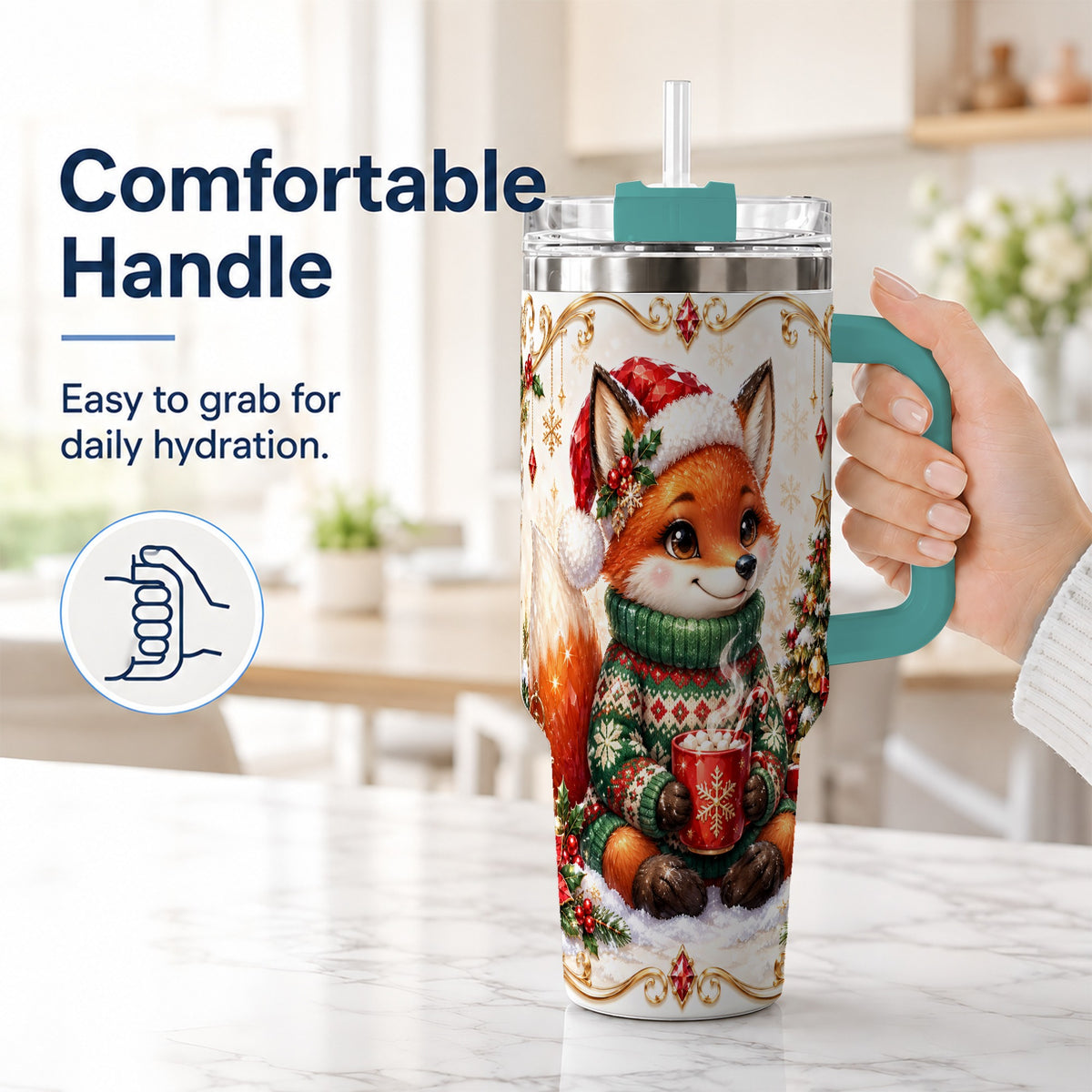 #pl[40oz|Green] Christmas Fox 40oz Tumbler, Cozy Holiday Stainless Steel Travel Cup