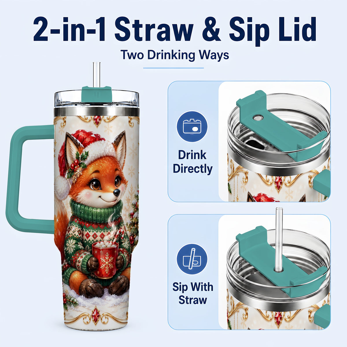 #pl[40oz|Green] Christmas Fox 40oz Tumbler, Cozy Holiday Stainless Steel Travel Cup