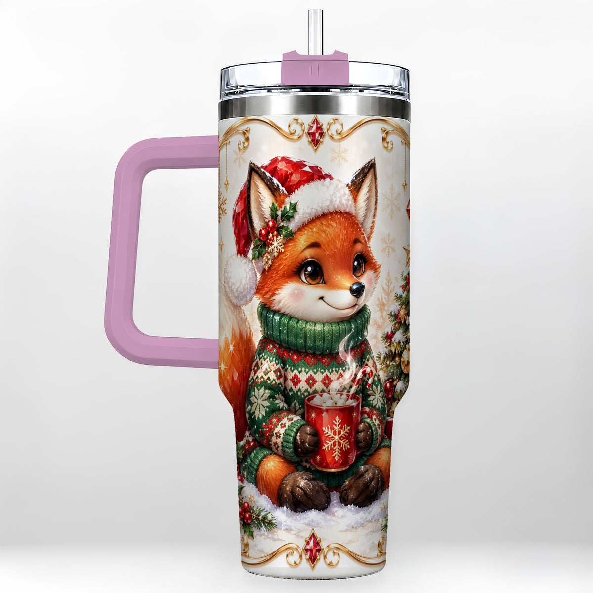 #pl[40oz|Pink] Christmas Fox 40oz Tumbler, Cozy Holiday Stainless Steel Travel Cup