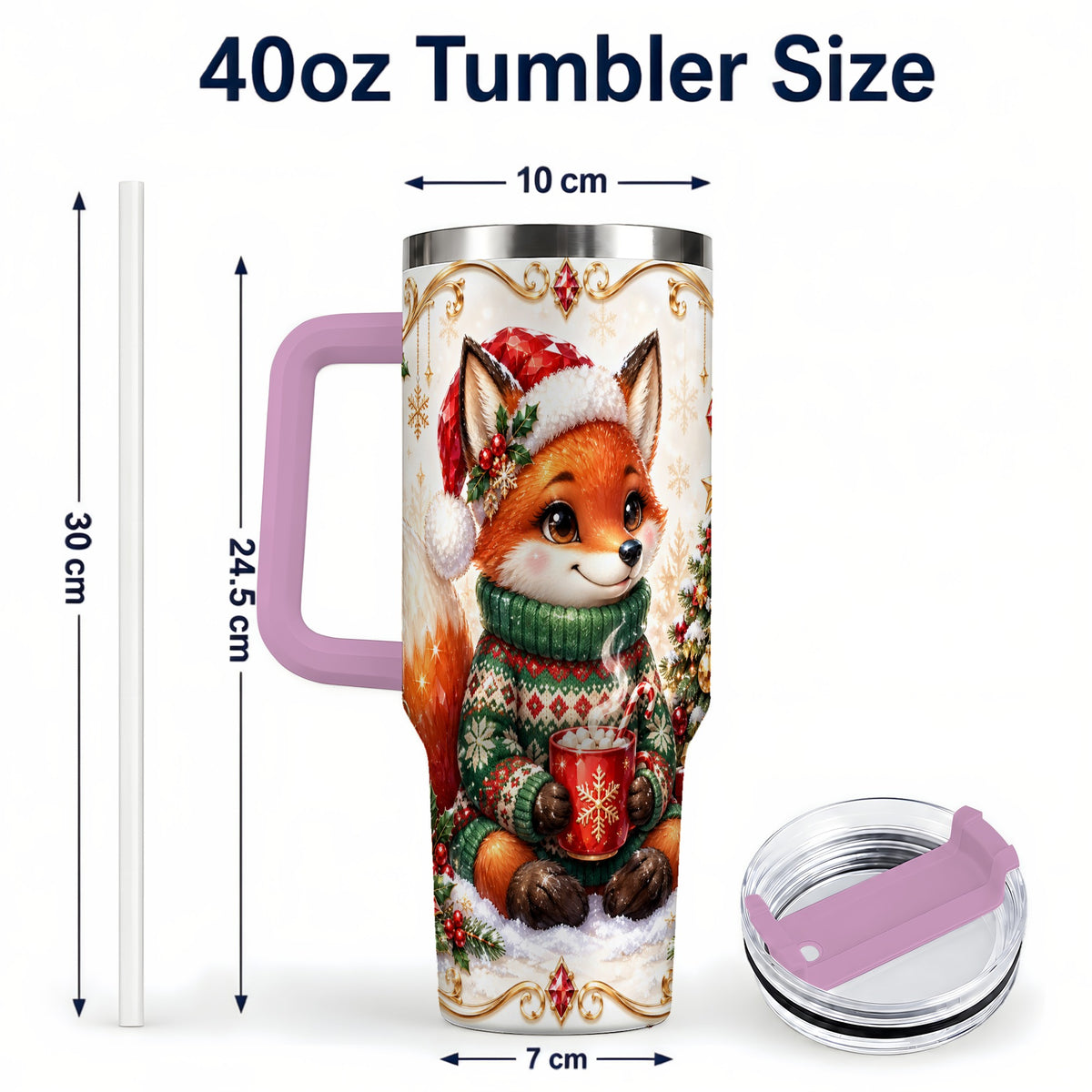 #pl[40oz|Pink] Christmas Fox 40oz Tumbler, Cozy Holiday Stainless Steel Travel Cup