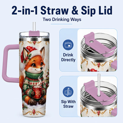 #pl[40oz|Pink] Christmas Fox 40oz Tumbler, Cozy Holiday Stainless Steel Travel Cup