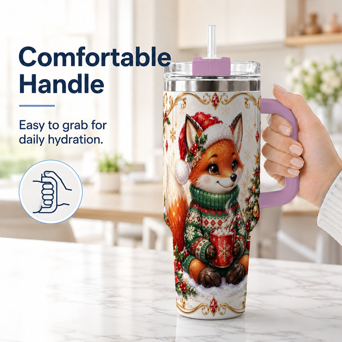 #pl[40oz|Pink] Christmas Fox 40oz Tumbler, Cozy Holiday Stainless Steel Travel Cup