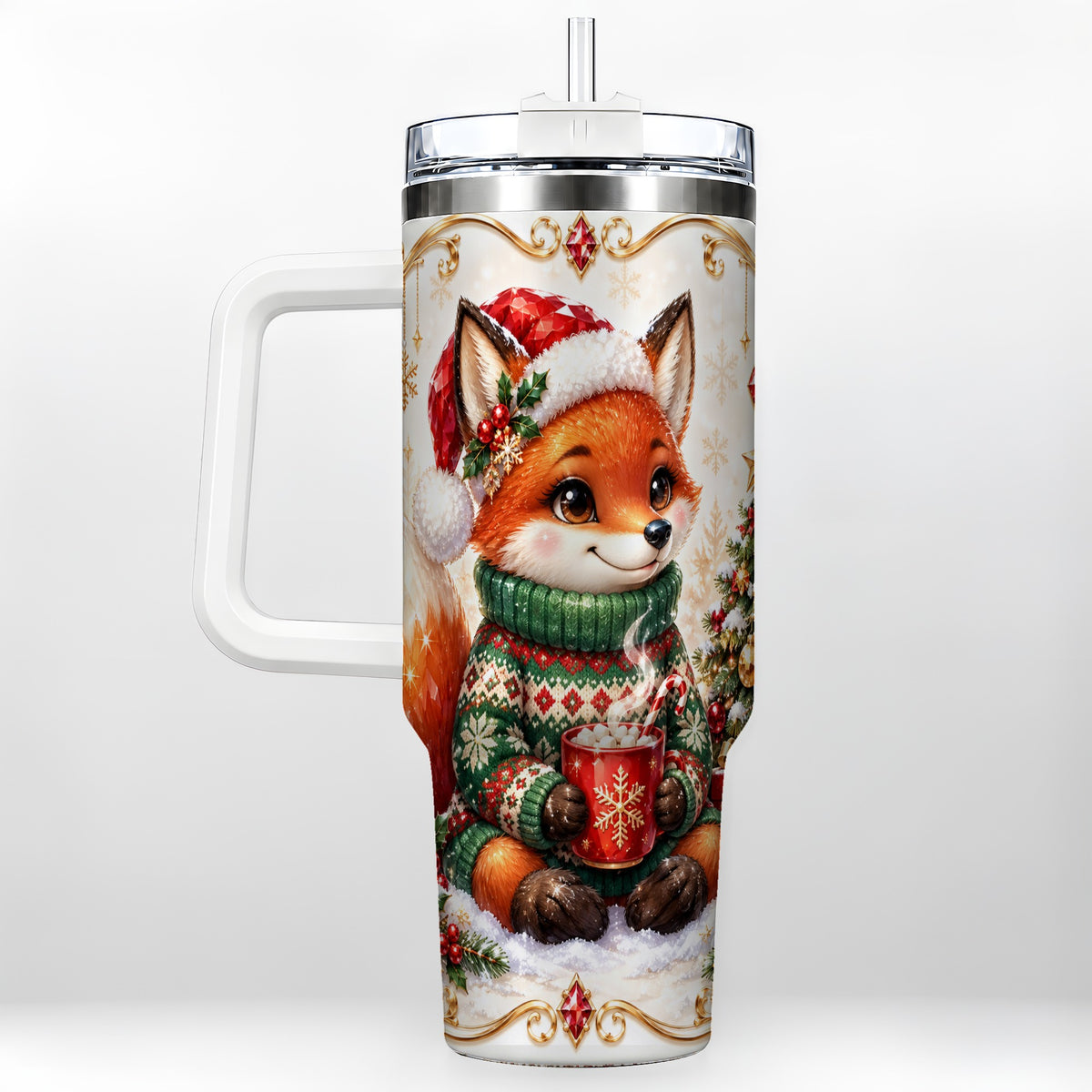 Christmas Fox 40oz Tumbler, Cozy Holiday Stainless Steel Travel Cup