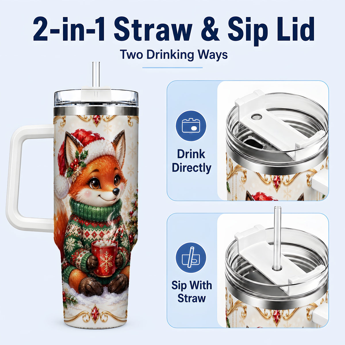 #pl[40oz|White] Christmas Fox 40oz Tumbler, Cozy Holiday Stainless Steel Travel Cup
