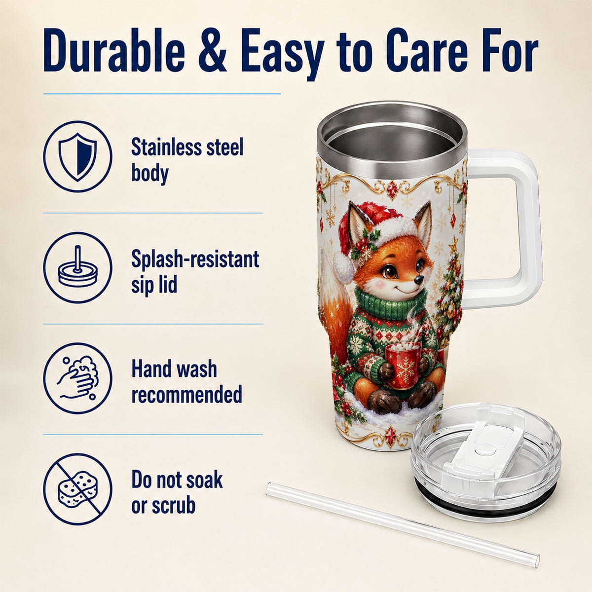 Christmas Fox 40oz Tumbler, Cozy Holiday Stainless Steel Travel Cup
