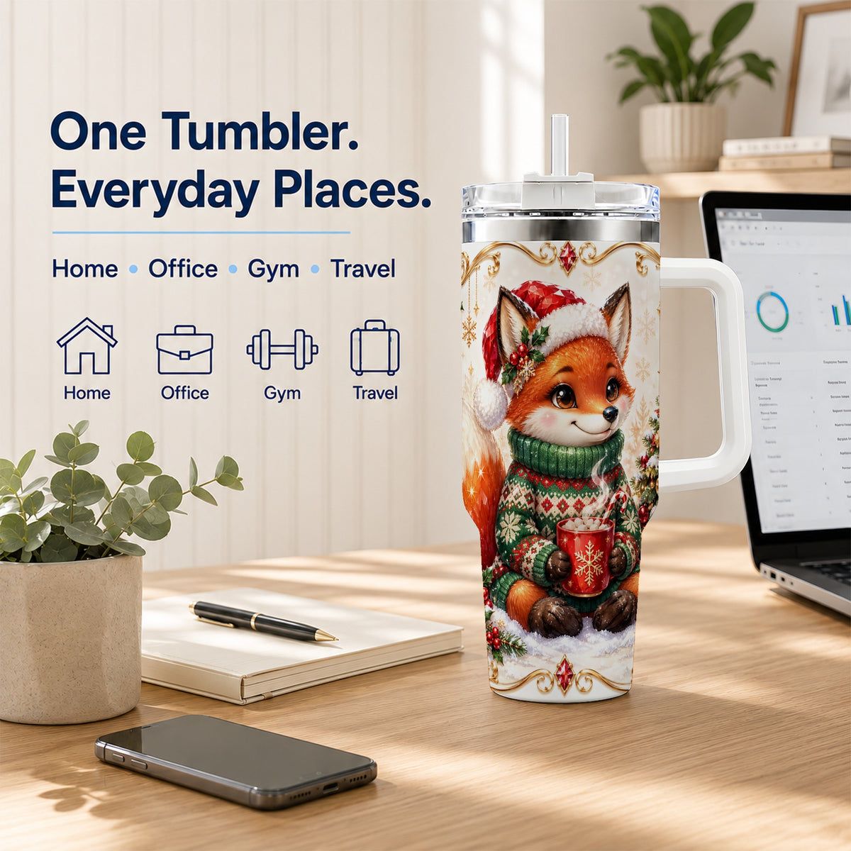Christmas Fox 40oz Tumbler, Cozy Holiday Stainless Steel Travel Cup