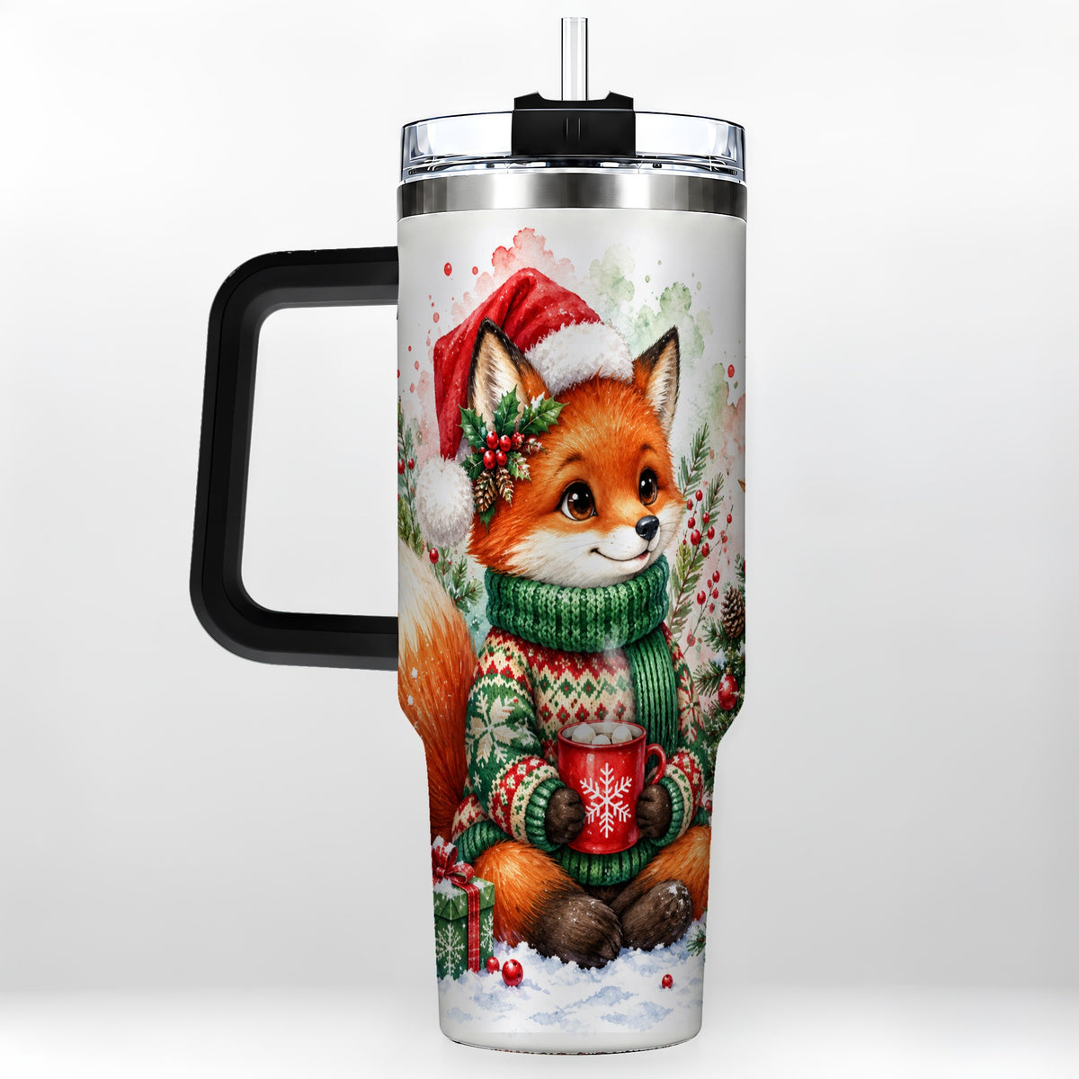 #pl[40oz|Black] Watercolor Fox 40oz Tumbler, Christmas Stainless Steel Travel Cup