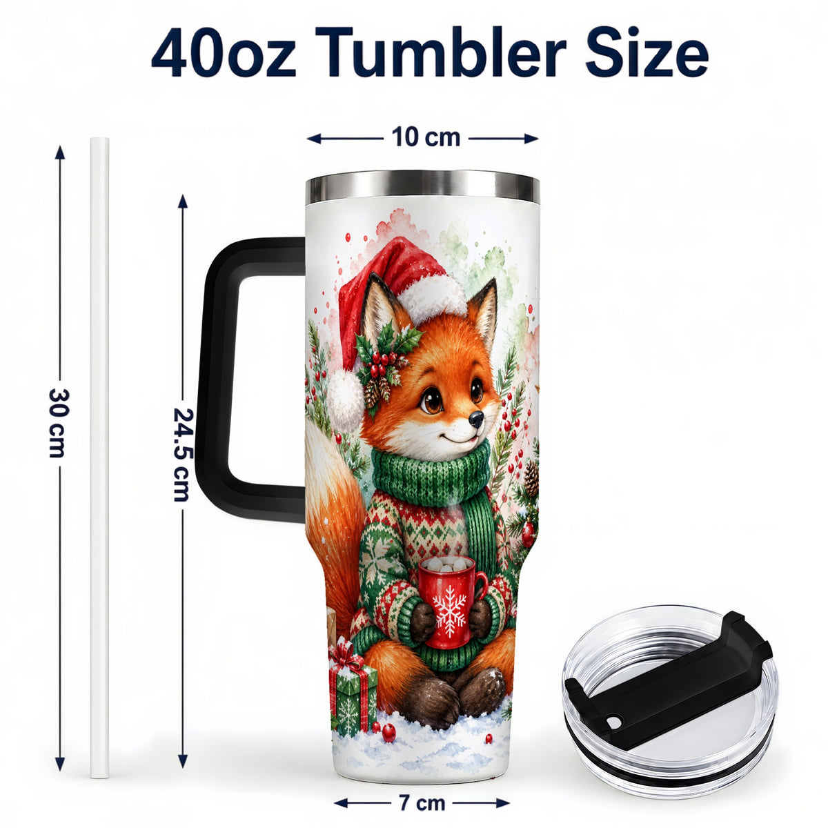 #pl[40oz|Black] Watercolor Fox 40oz Tumbler, Christmas Stainless Steel Travel Cup
