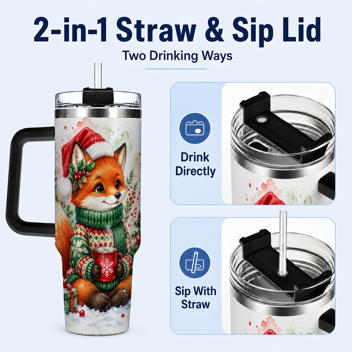 #pl[40oz|Black] Watercolor Fox 40oz Tumbler, Christmas Stainless Steel Travel Cup