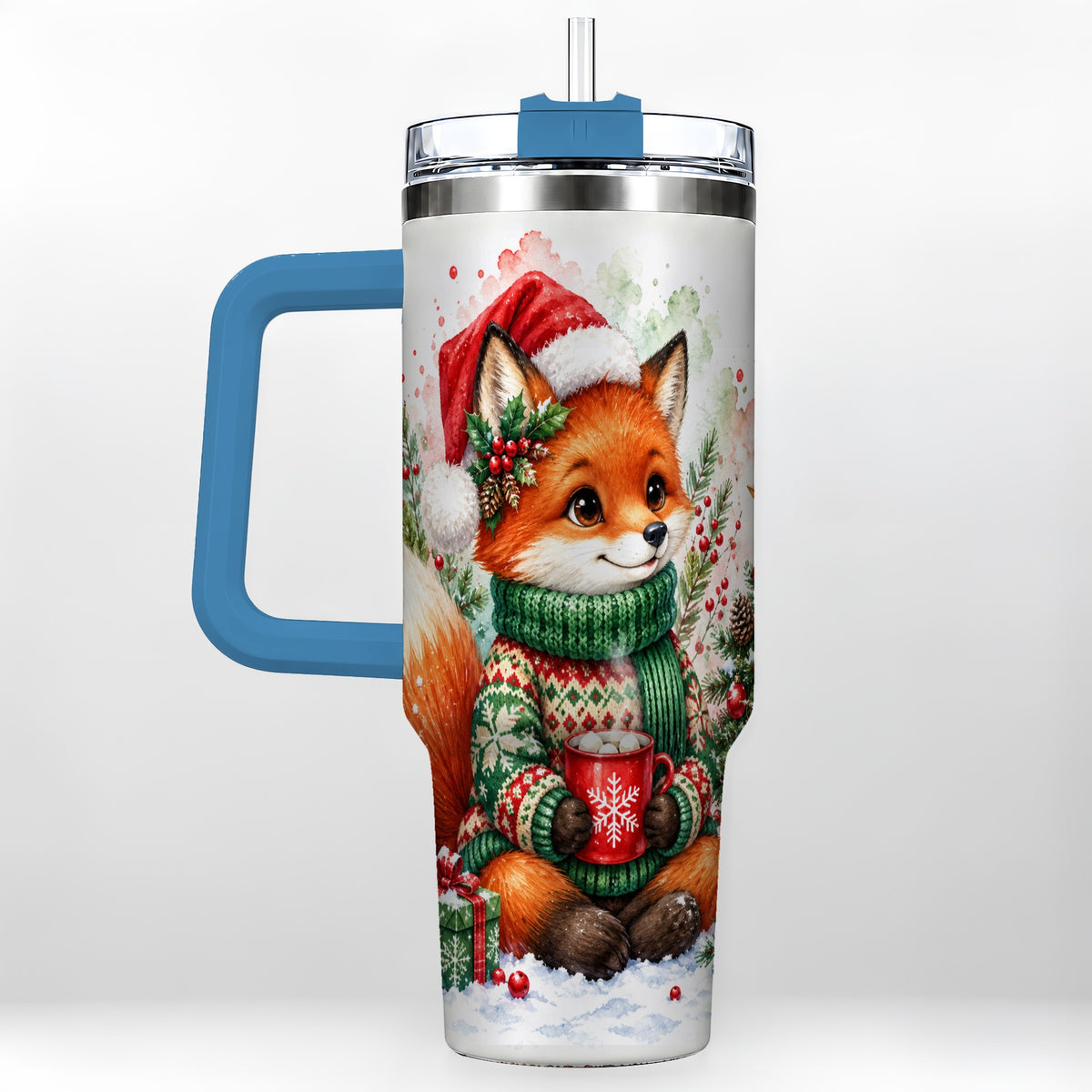 #pl[40oz|Blue] Watercolor Fox 40oz Tumbler, Christmas Stainless Steel Travel Cup