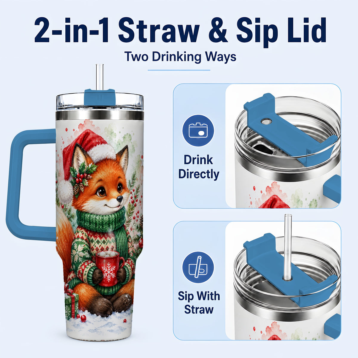 #pl[40oz|Blue] Watercolor Fox 40oz Tumbler, Christmas Stainless Steel Travel Cup