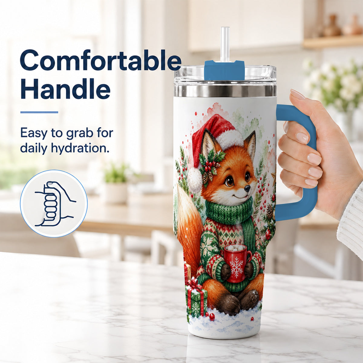 #pl[40oz|Blue] Watercolor Fox 40oz Tumbler, Christmas Stainless Steel Travel Cup