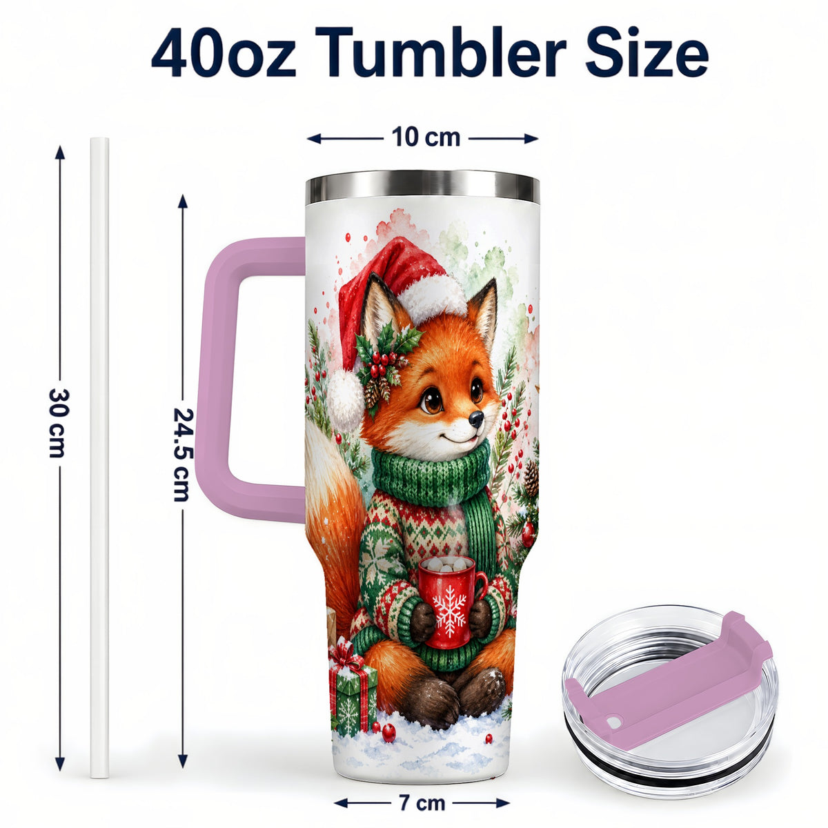 #pl[40oz|Pink] Watercolor Fox 40oz Tumbler, Christmas Stainless Steel Travel Cup
