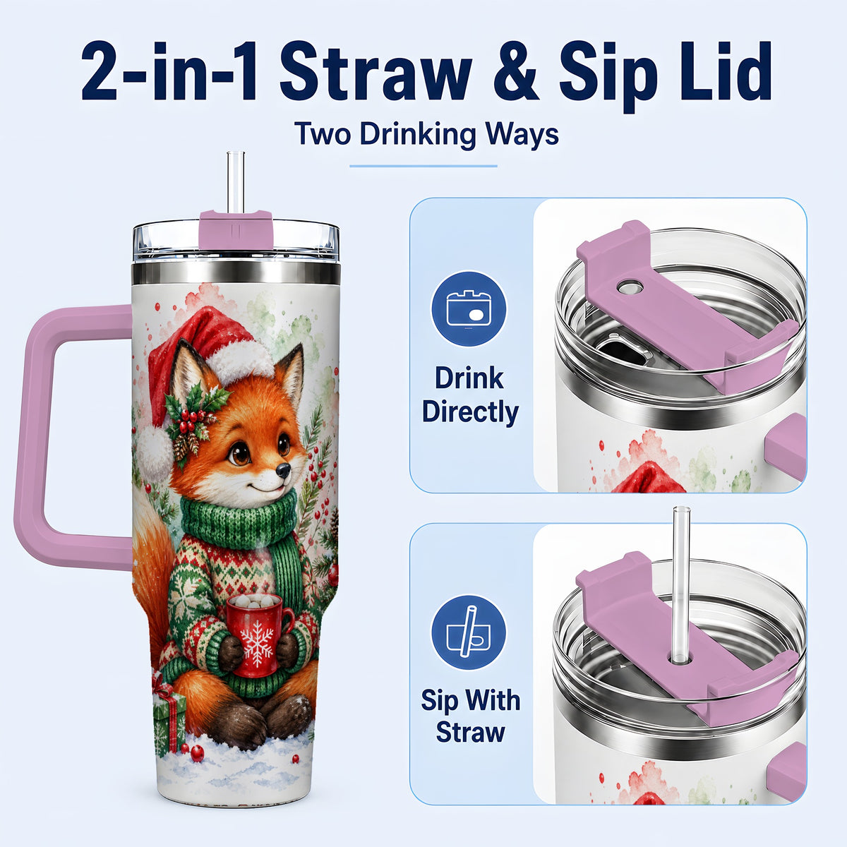 #pl[40oz|Pink] Watercolor Fox 40oz Tumbler, Christmas Stainless Steel Travel Cup