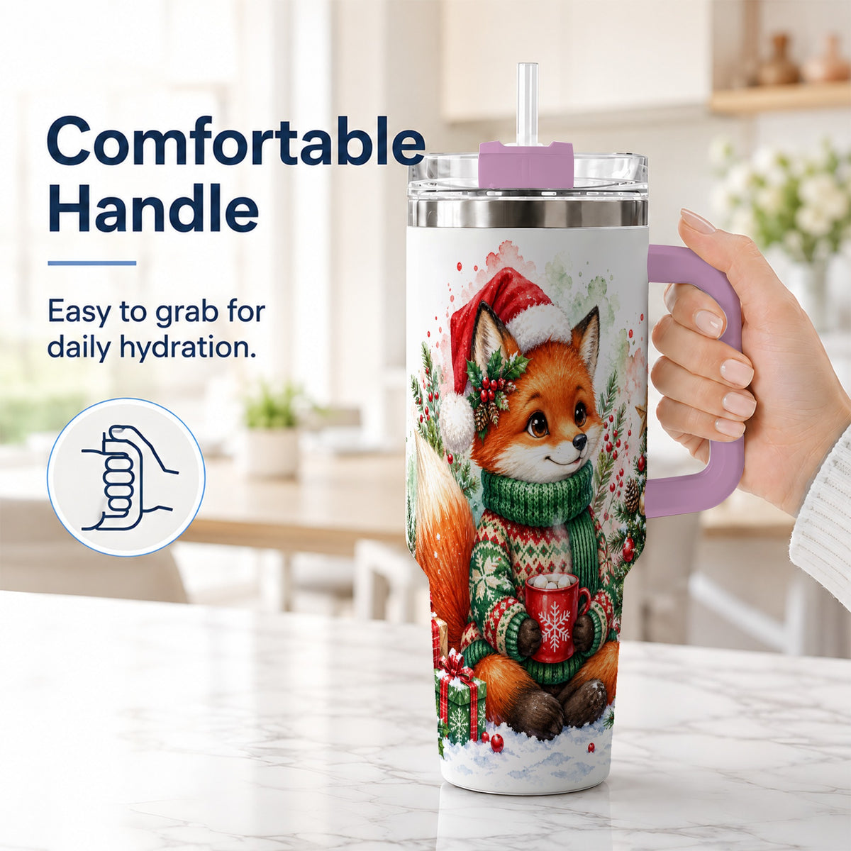 #pl[40oz|Pink] Watercolor Fox 40oz Tumbler, Christmas Stainless Steel Travel Cup
