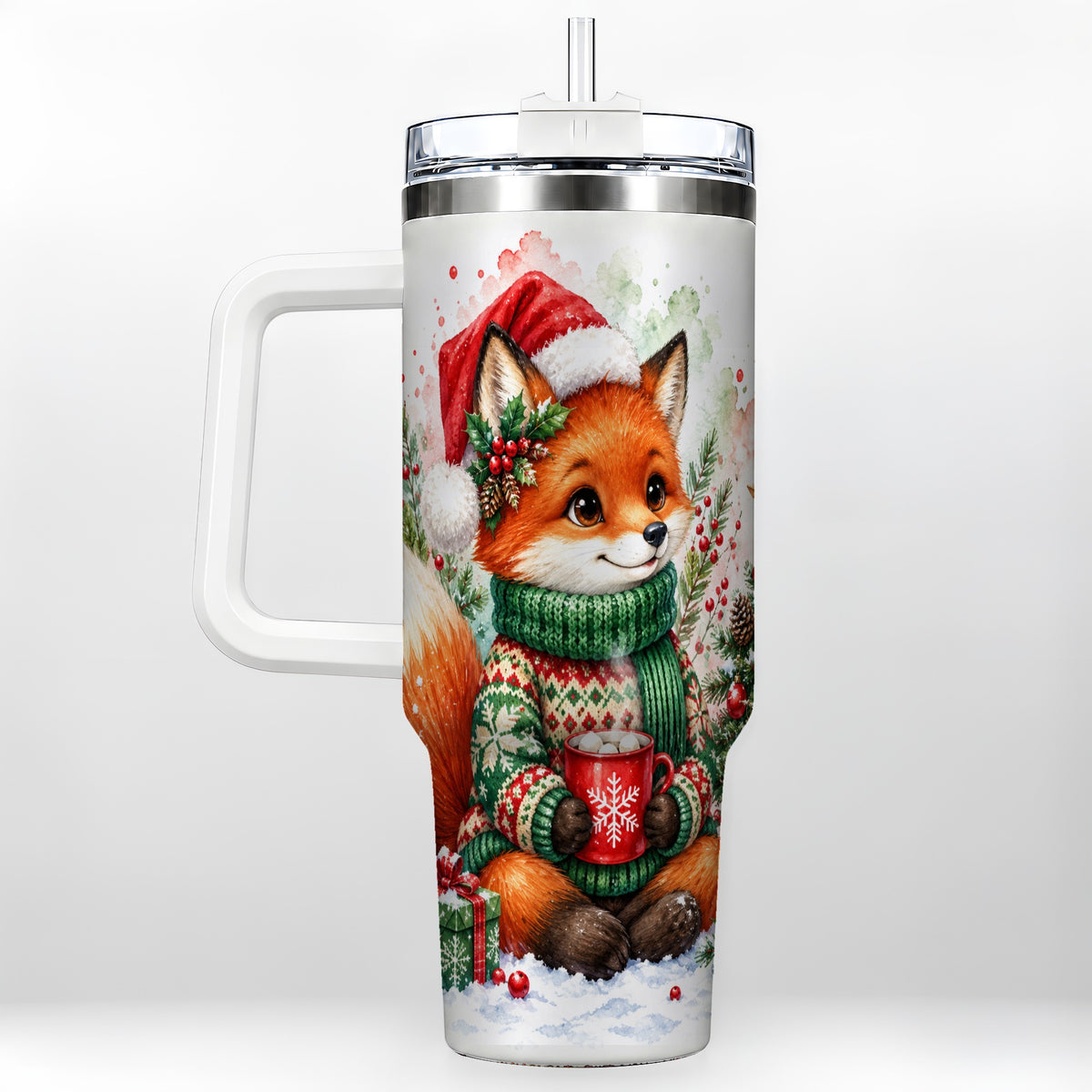 Watercolor Fox 40oz Tumbler, Christmas Stainless Steel Travel Cup