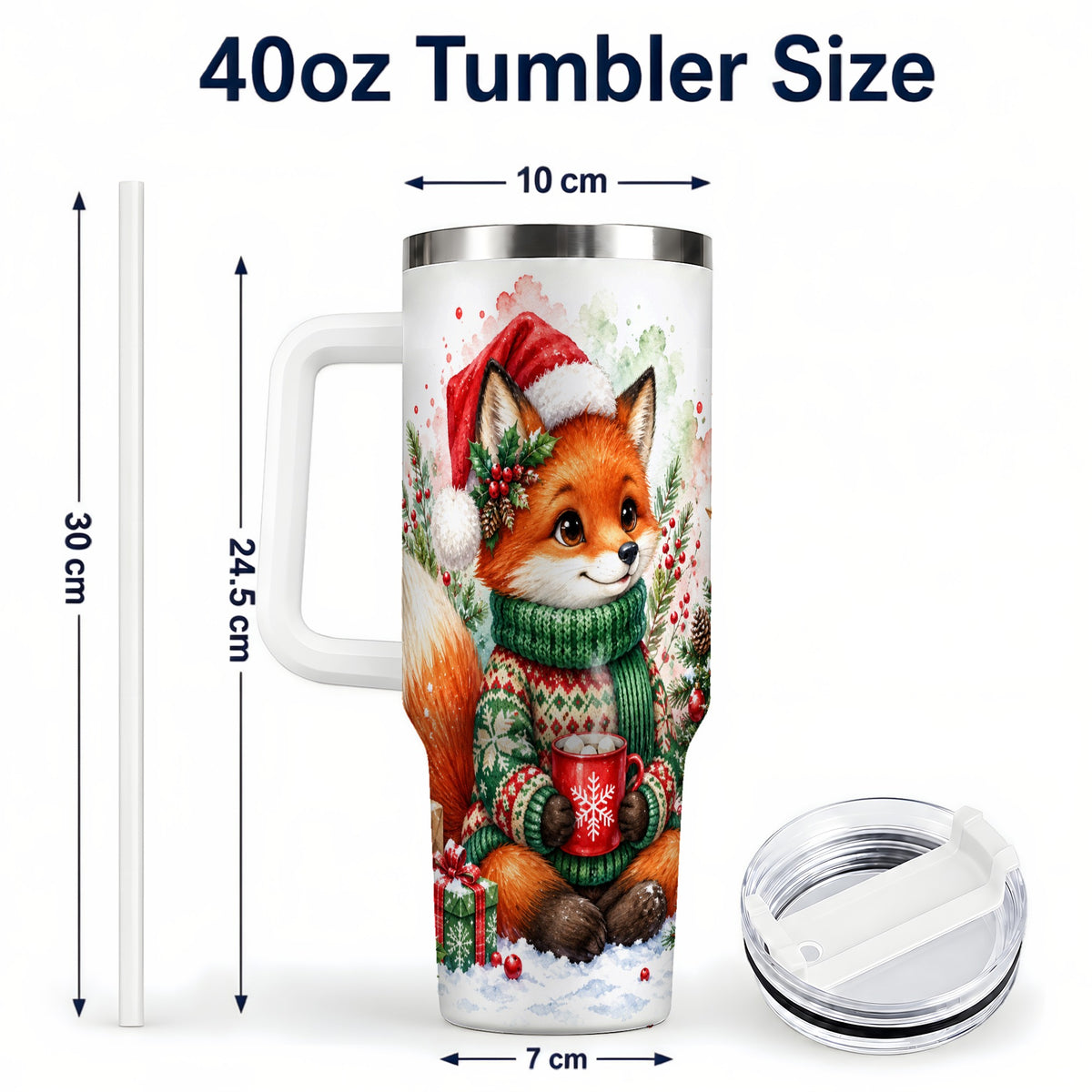#pl[40oz|White] Watercolor Fox 40oz Tumbler, Christmas Stainless Steel Travel Cup