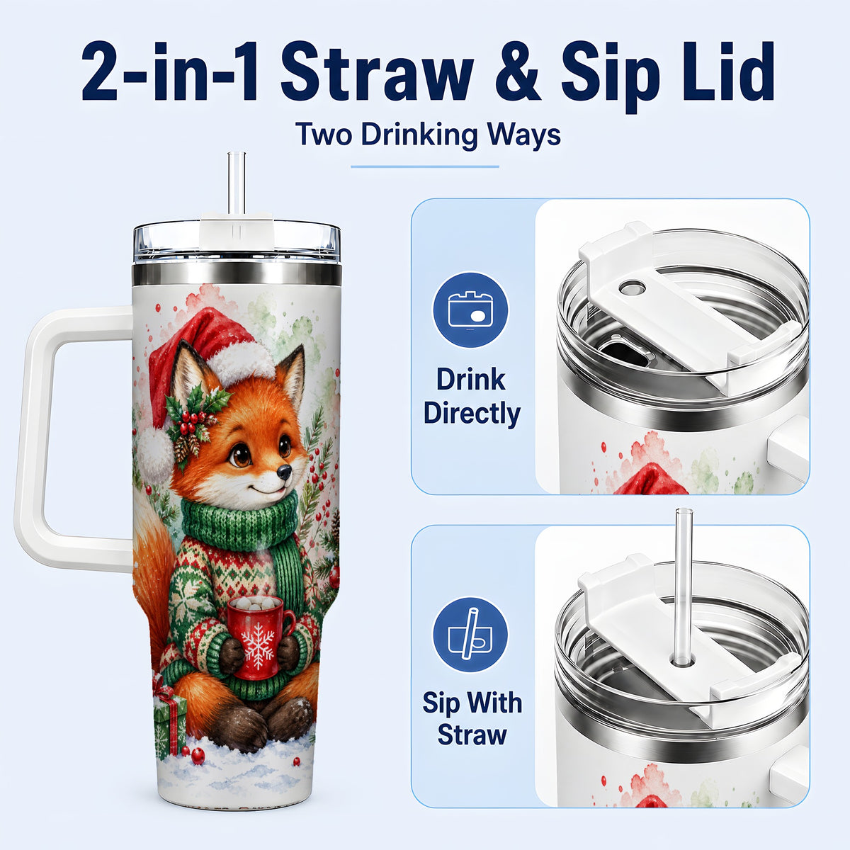 #pl[40oz|White] Watercolor Fox 40oz Tumbler, Christmas Stainless Steel Travel Cup