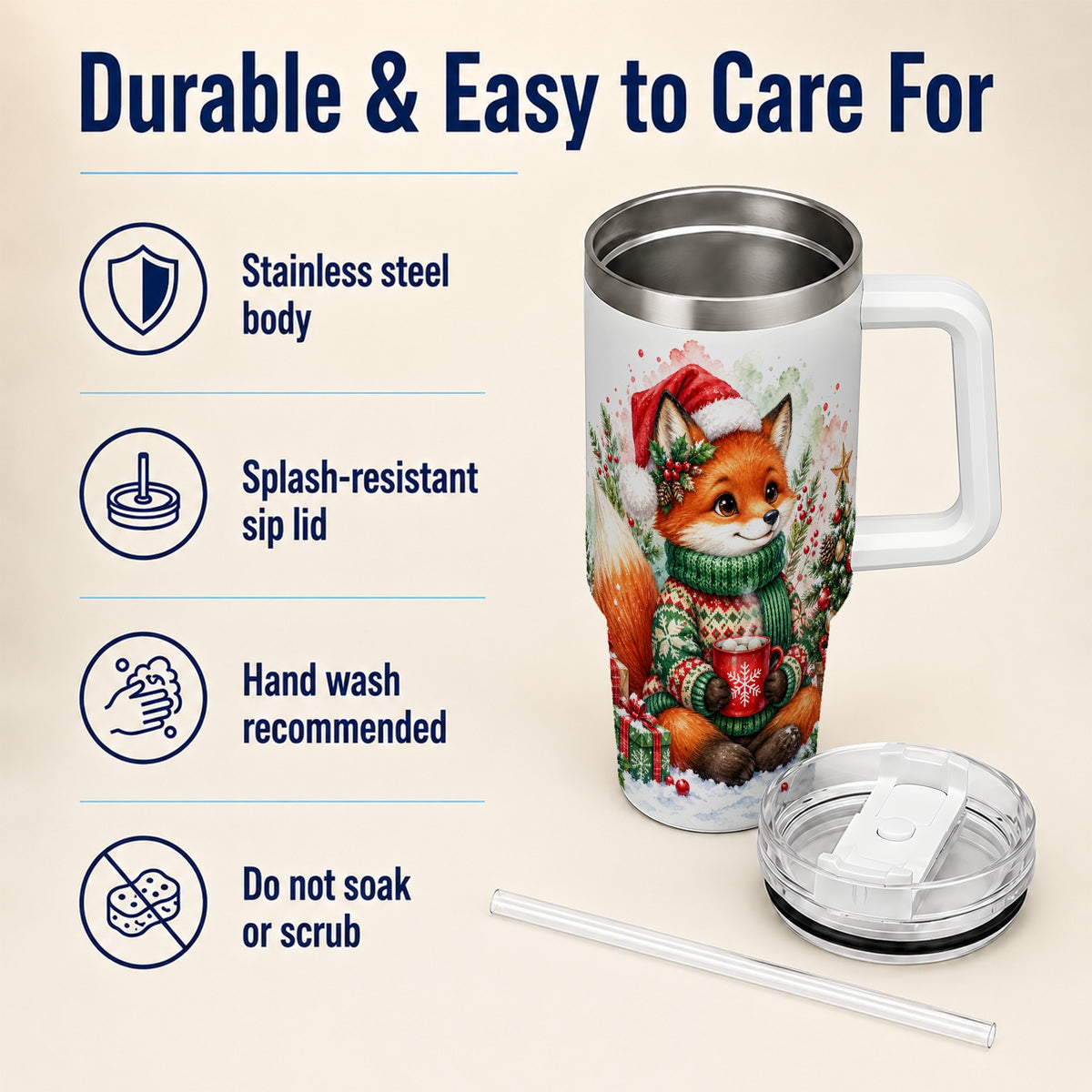 Watercolor Fox 40oz Tumbler, Christmas Stainless Steel Travel Cup