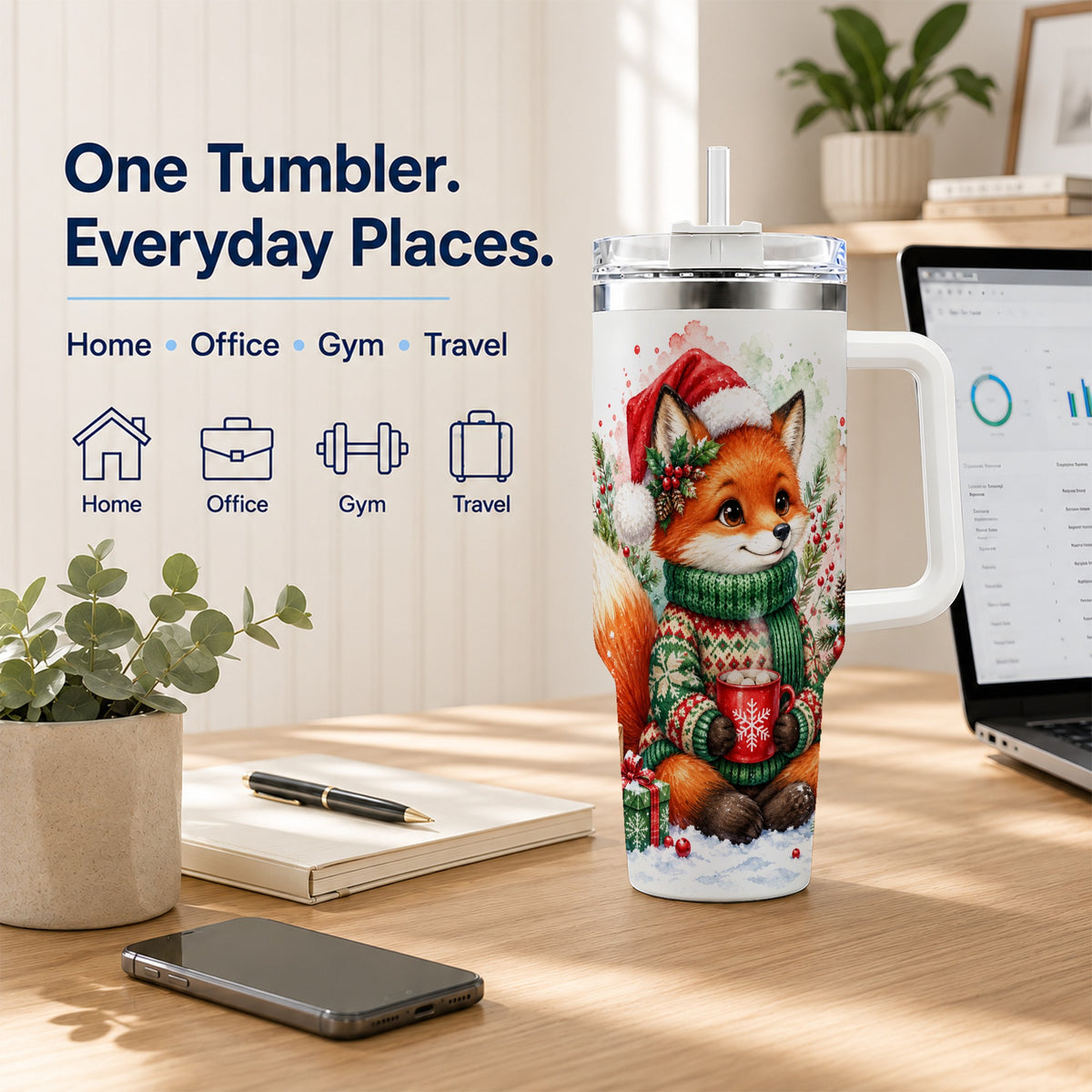 Watercolor Fox 40oz Tumbler, Christmas Stainless Steel Travel Cup