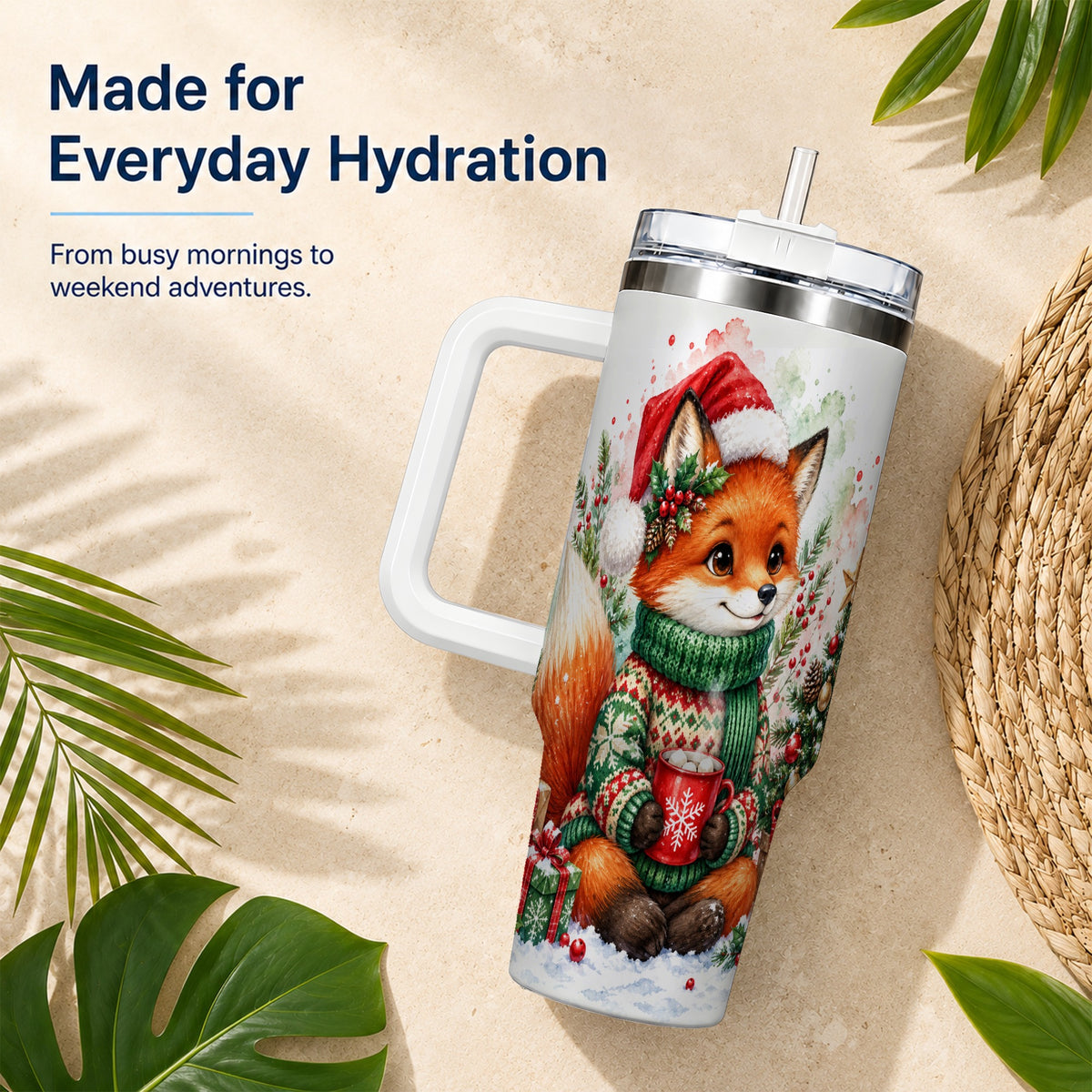 Watercolor Fox 40oz Tumbler, Christmas Stainless Steel Travel Cup