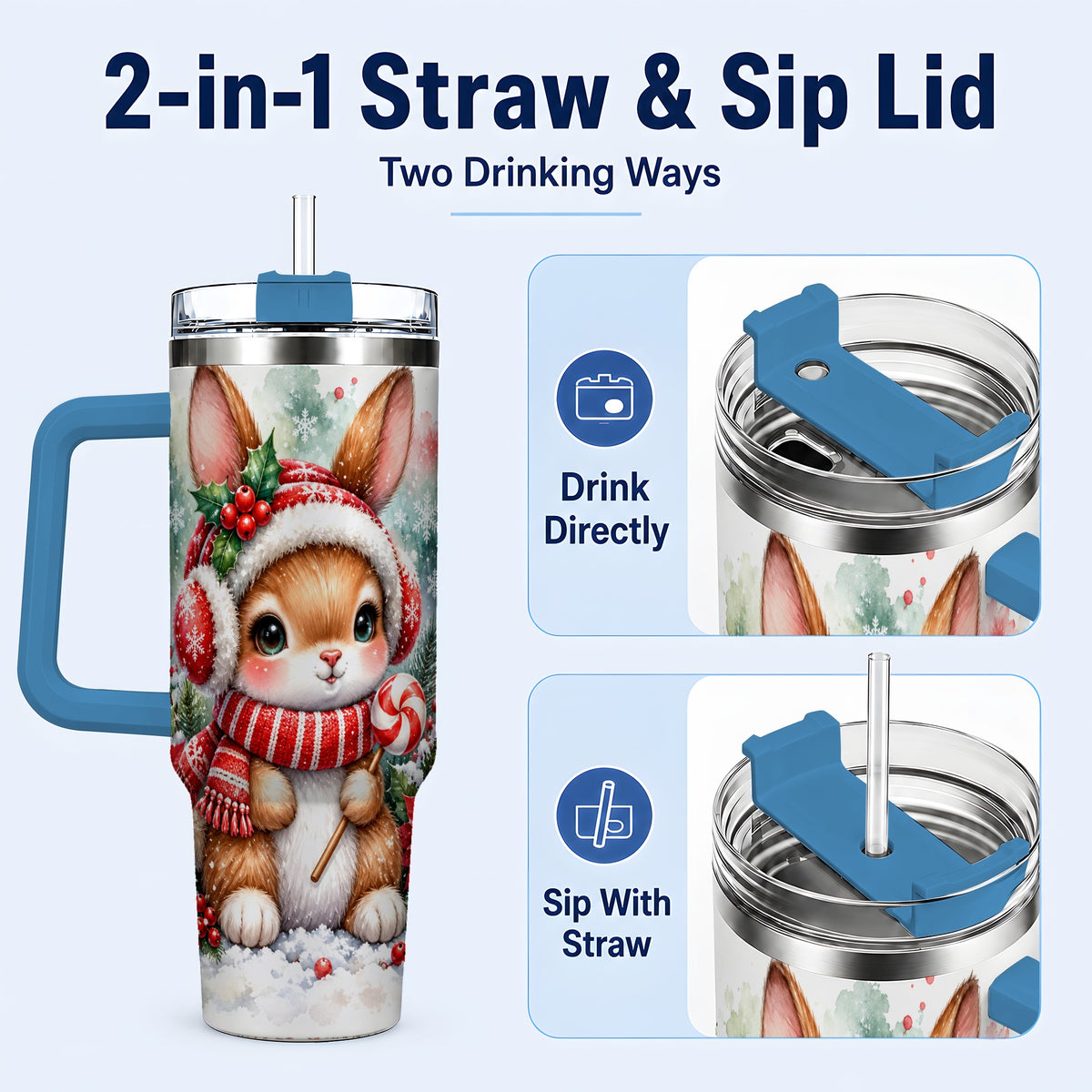 #pl[40oz|Blue] Christmas Bunny 40oz Tumbler, Rabbit Stainless Steel Travel Cup