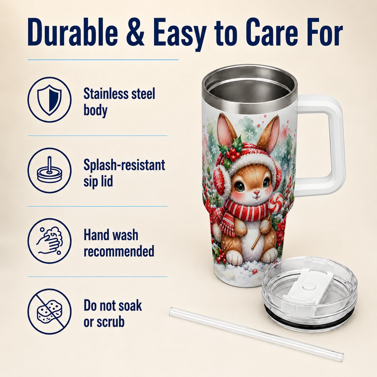 Christmas Bunny 40oz Tumbler, Rabbit Stainless Steel Travel Cup