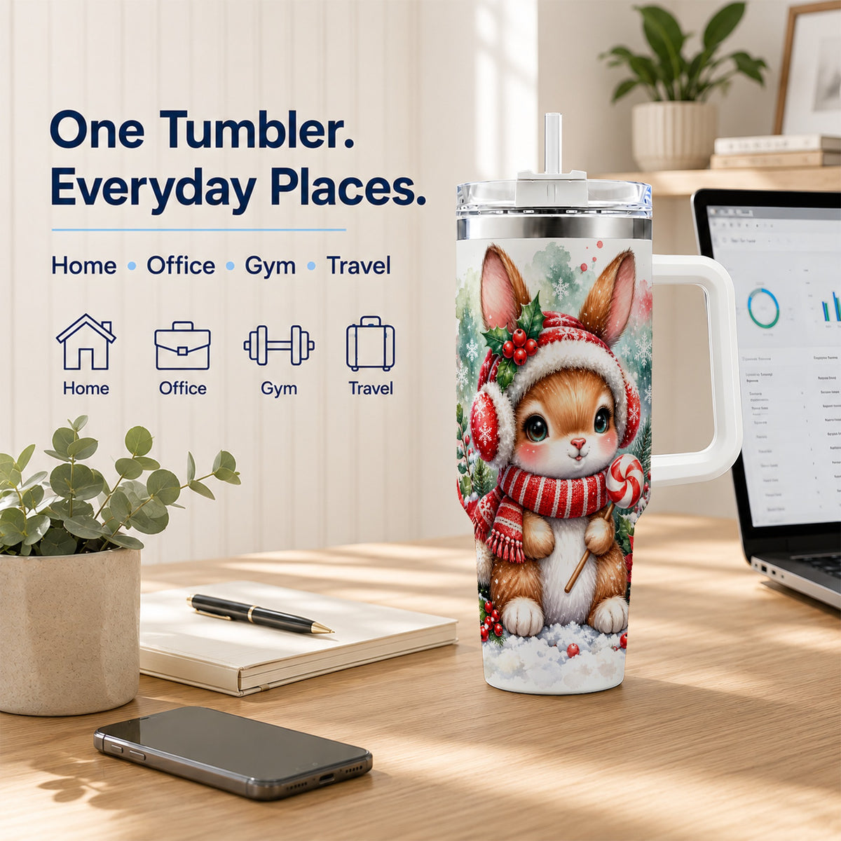Christmas Bunny 40oz Tumbler, Rabbit Stainless Steel Travel Cup