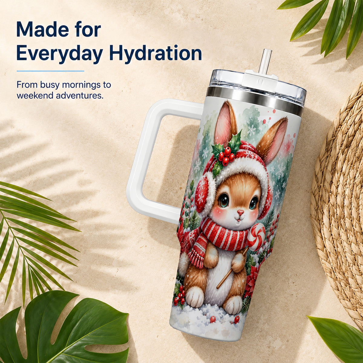 Christmas Bunny 40oz Tumbler, Rabbit Stainless Steel Travel Cup