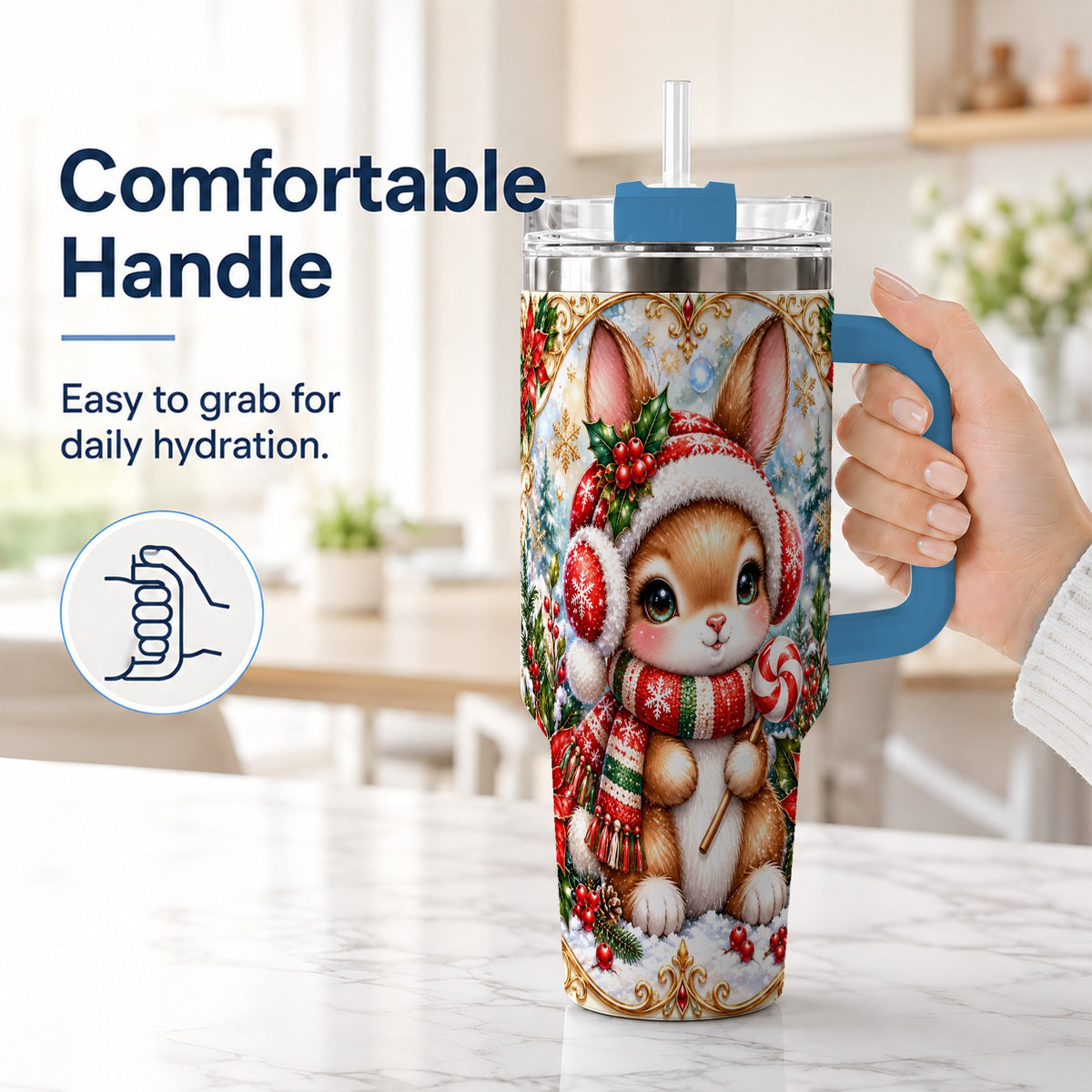 #pl[40oz|Blue] Christmas Bunny 40oz Tumbler, Rabbit Stainless Steel Travel Cup