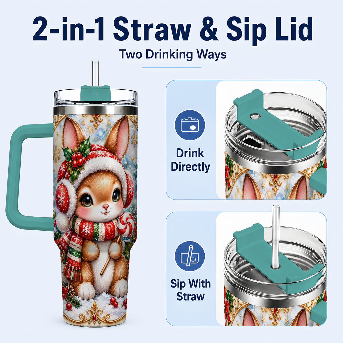 #pl[40oz|Green] Christmas Bunny 40oz Tumbler, Rabbit Stainless Steel Travel Cup