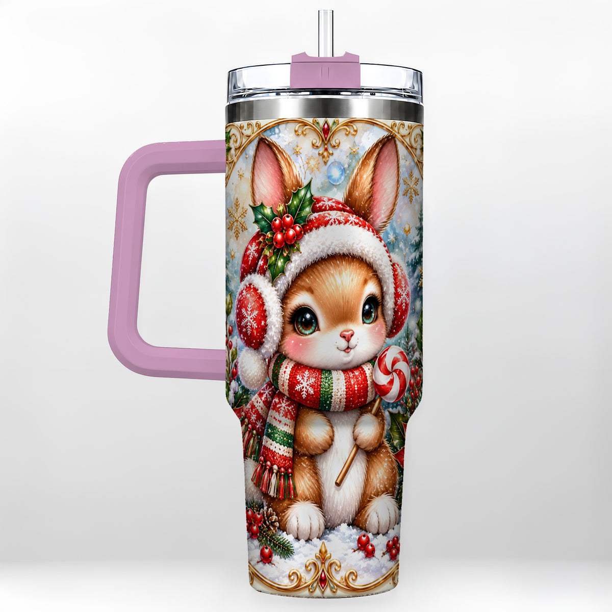 #pl[40oz|Pink] Christmas Bunny 40oz Tumbler, Rabbit Stainless Steel Travel Cup