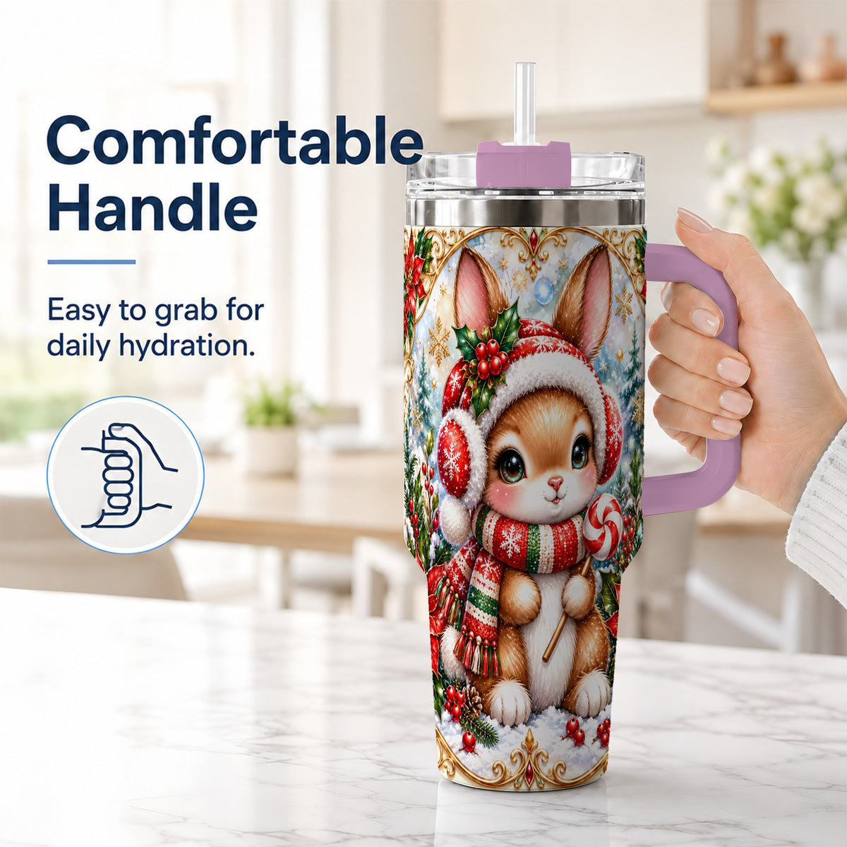 #pl[40oz|Pink] Christmas Bunny 40oz Tumbler, Rabbit Stainless Steel Travel Cup