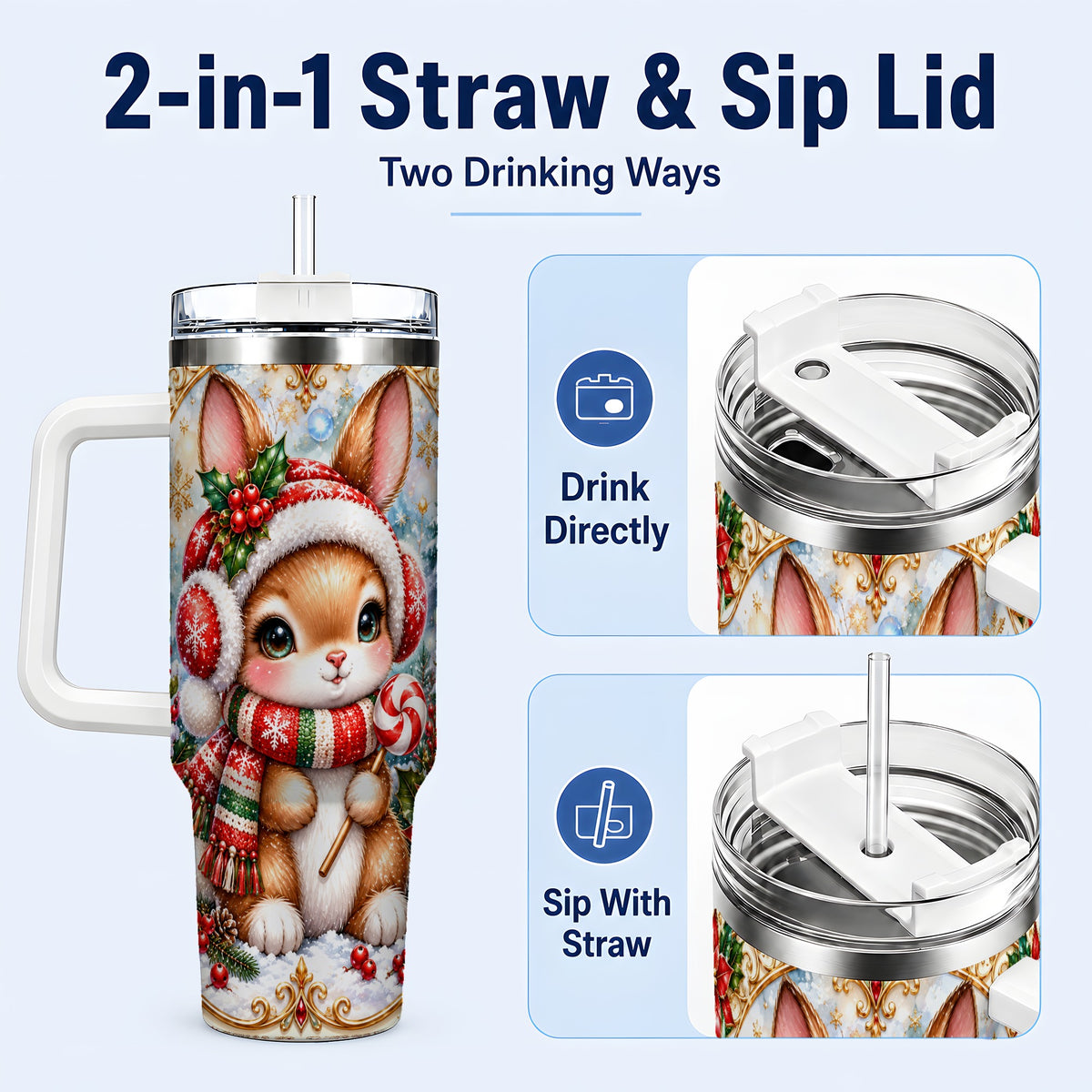 #pl[40oz|White] Christmas Bunny 40oz Tumbler, Rabbit Stainless Steel Travel Cup