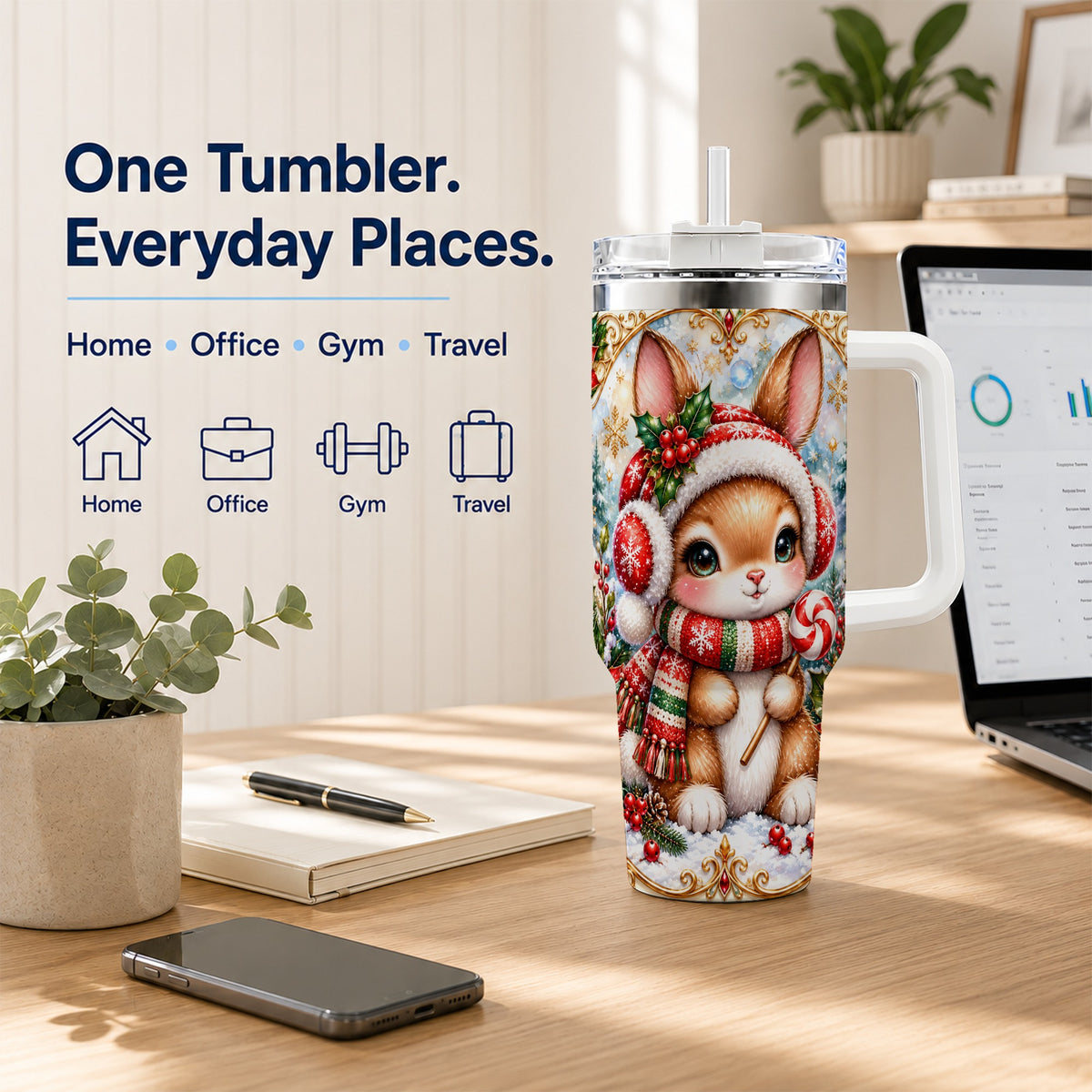 Christmas Bunny 40oz Tumbler, Rabbit Stainless Steel Travel Cup