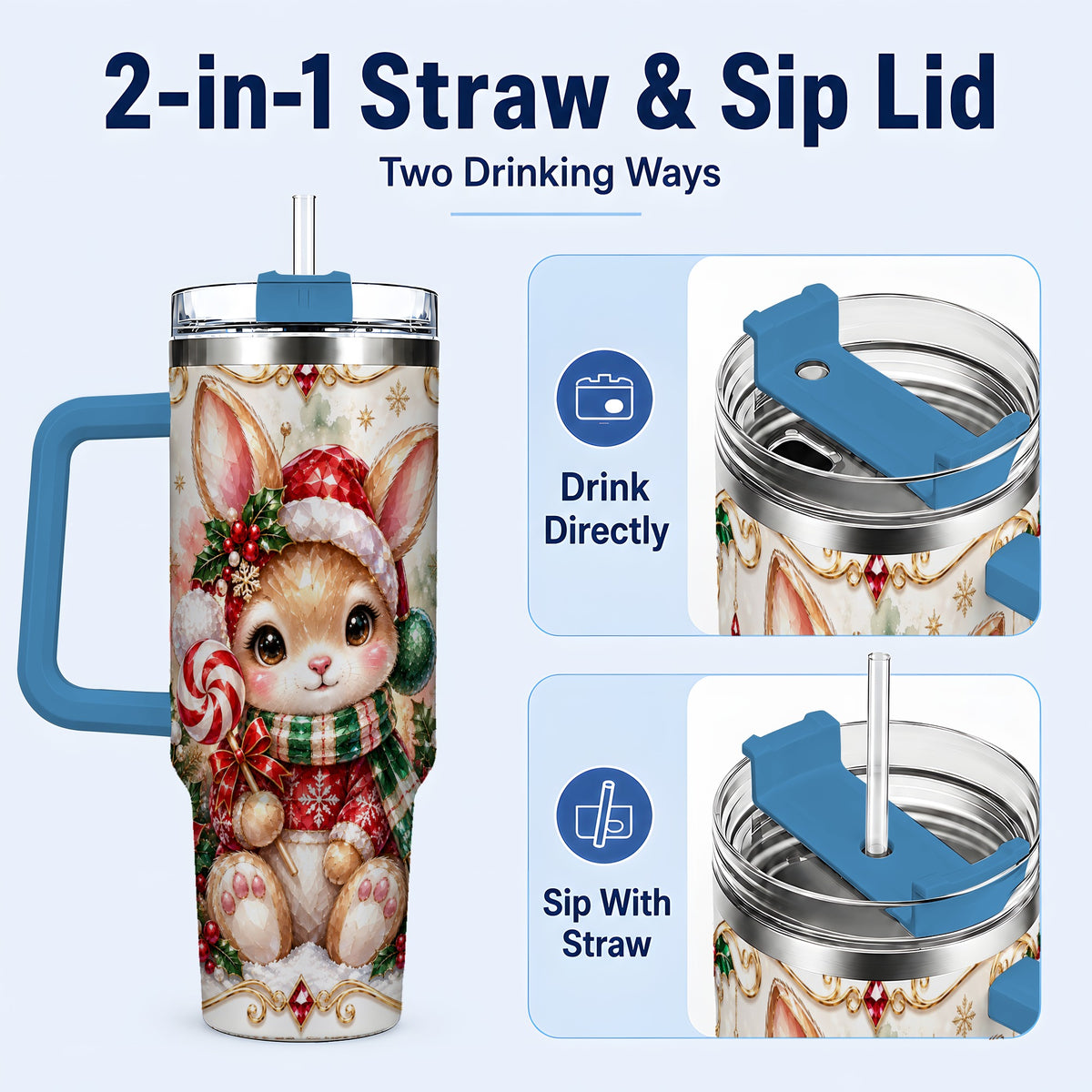#pl[40oz|Blue] Crystal Bunny 40oz Tumbler, Rabbit Stainless Steel Travel Cup