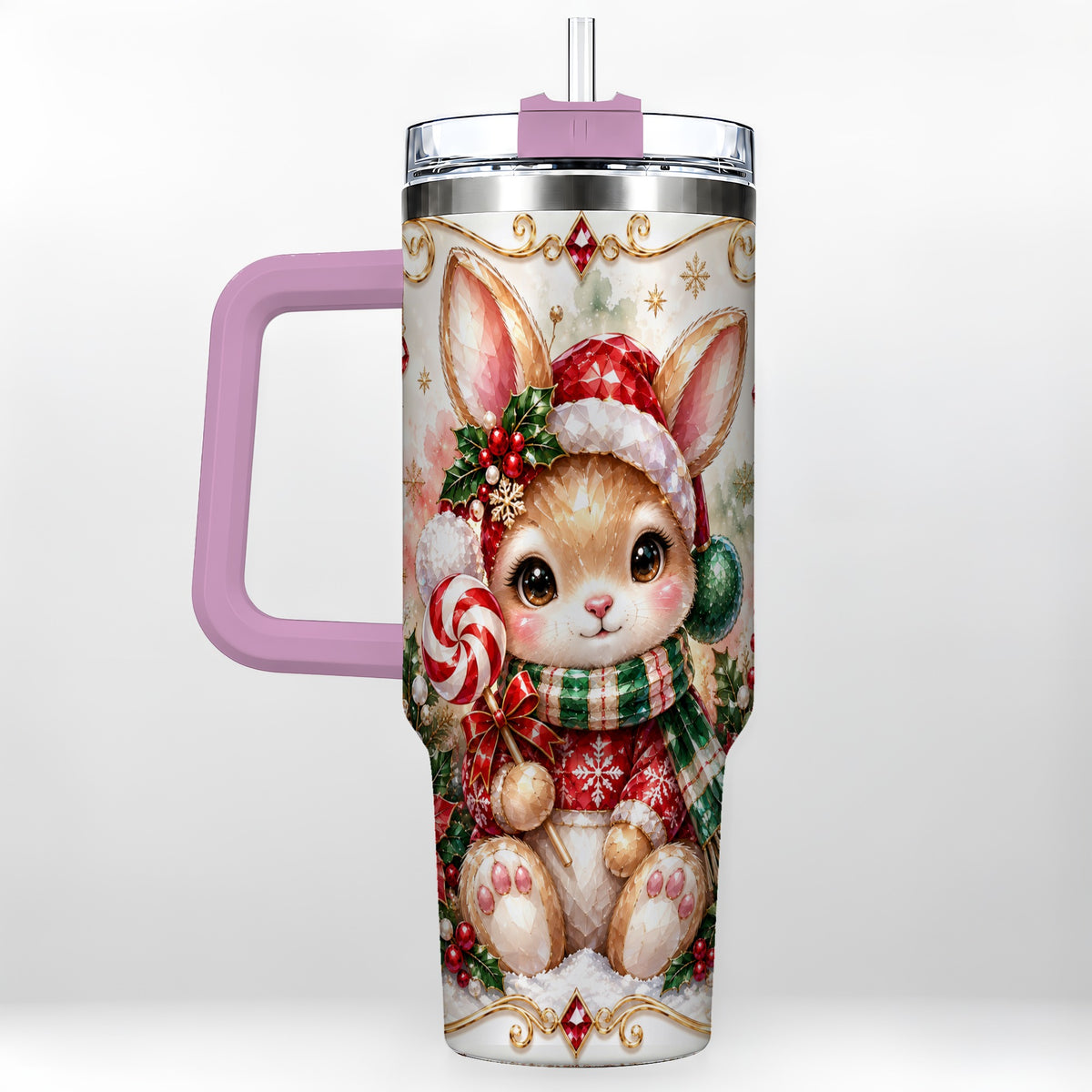 #pl[40oz|Pink] Crystal Bunny 40oz Tumbler, Rabbit Stainless Steel Travel Cup