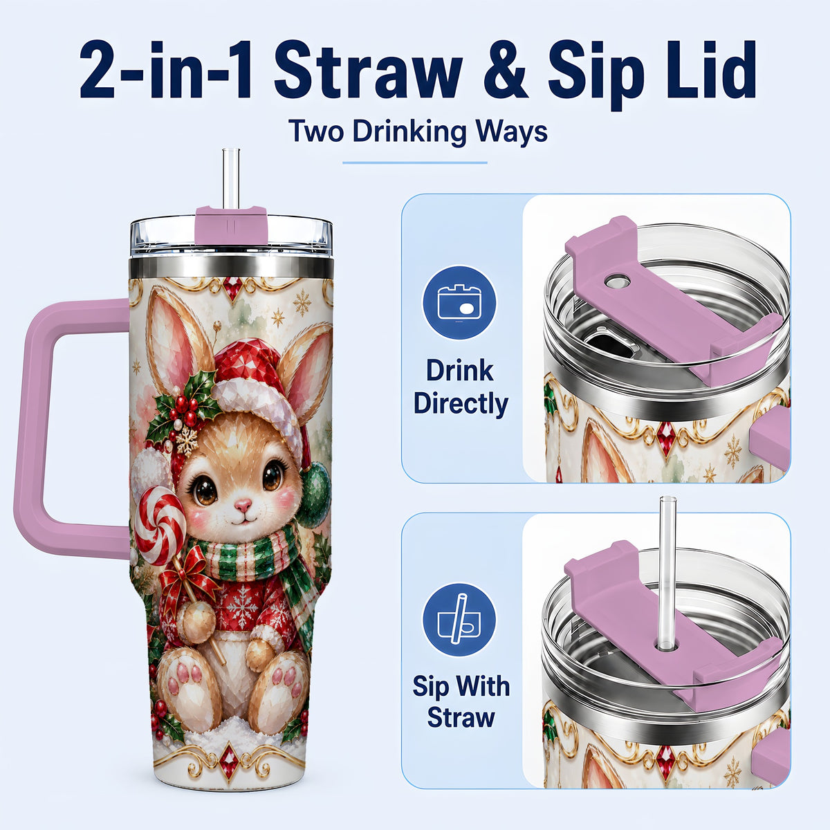 #pl[40oz|Pink] Crystal Bunny 40oz Tumbler, Rabbit Stainless Steel Travel Cup