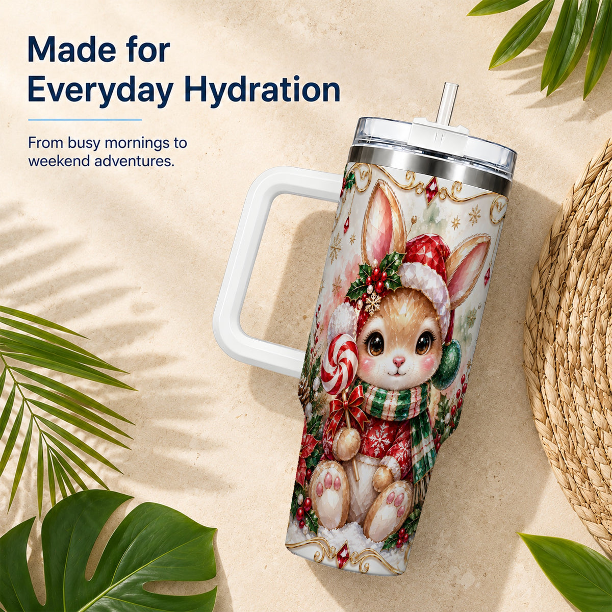 Crystal Bunny 40oz Tumbler, Rabbit Stainless Steel Travel Cup