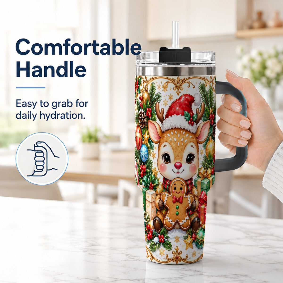 #pl[40oz|Black] Reindeer 40oz Tumbler, Gingerbread Deer Stainless Steel Travel Cup