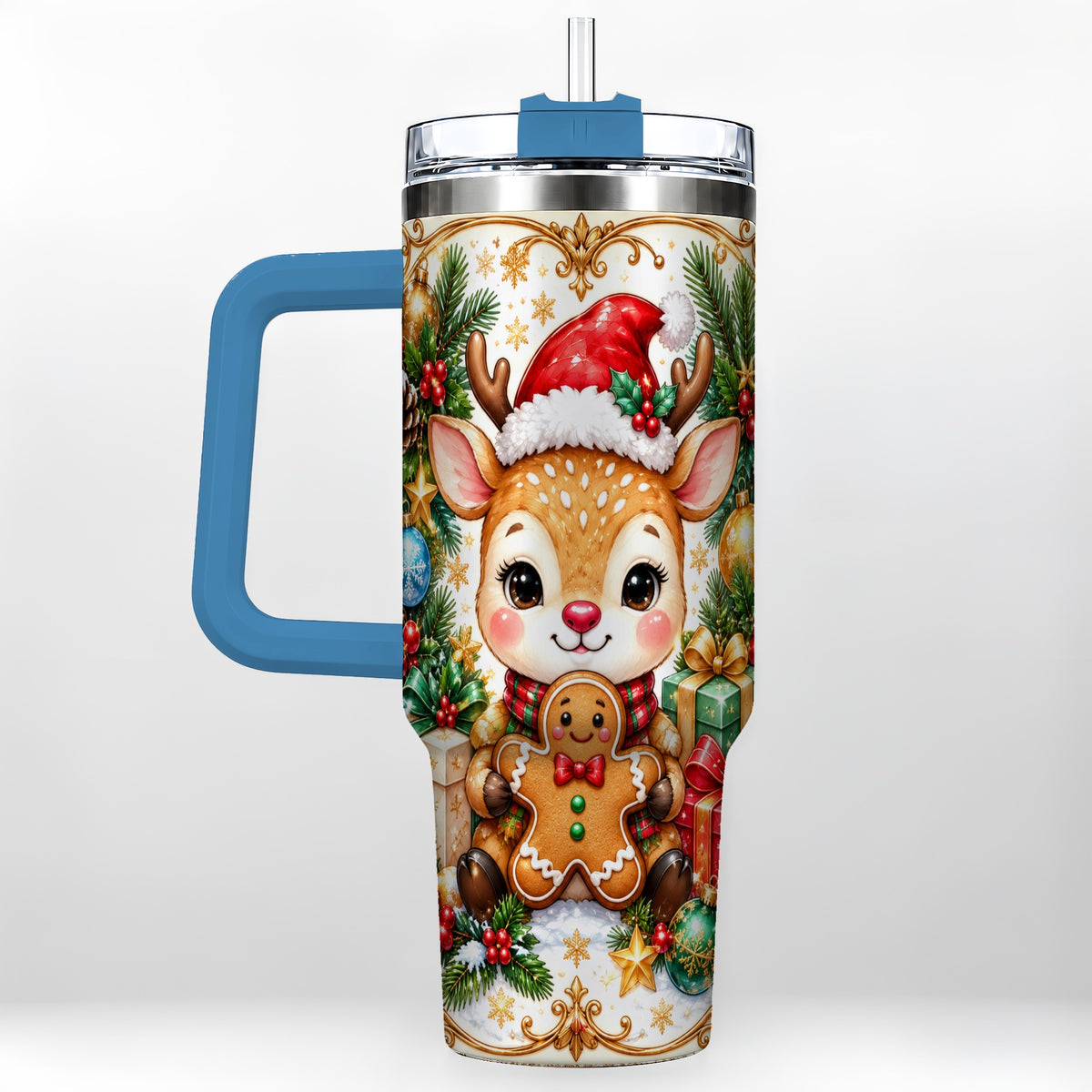 #pl[40oz|Blue] Reindeer 40oz Tumbler, Gingerbread Deer Stainless Steel Travel Cup