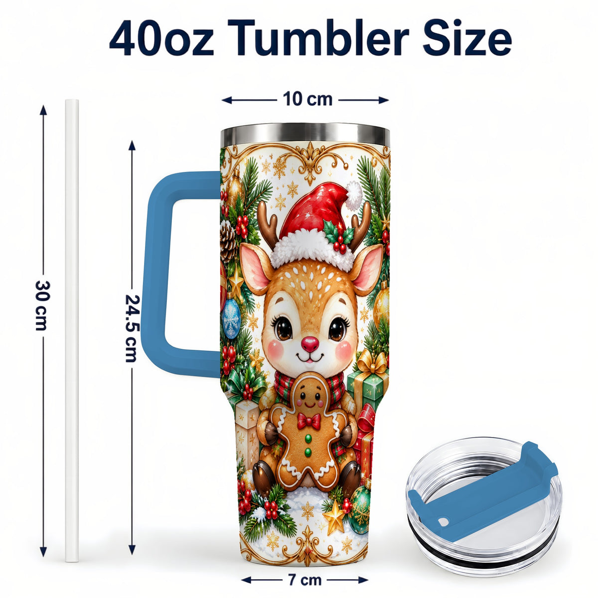 #pl[40oz|Blue] Reindeer 40oz Tumbler, Gingerbread Deer Stainless Steel Travel Cup