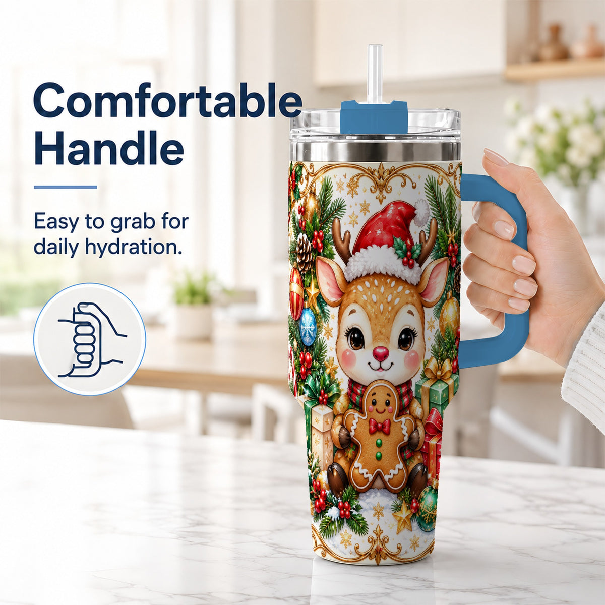 #pl[40oz|Blue] Reindeer 40oz Tumbler, Gingerbread Deer Stainless Steel Travel Cup