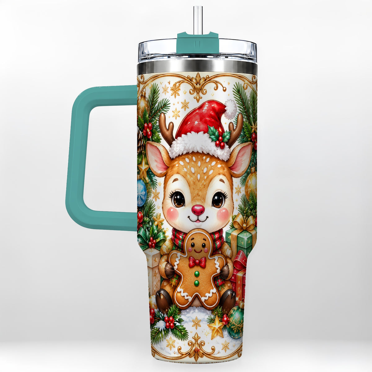 #pl[40oz|Green] Reindeer 40oz Tumbler, Gingerbread Deer Stainless Steel Travel Cup