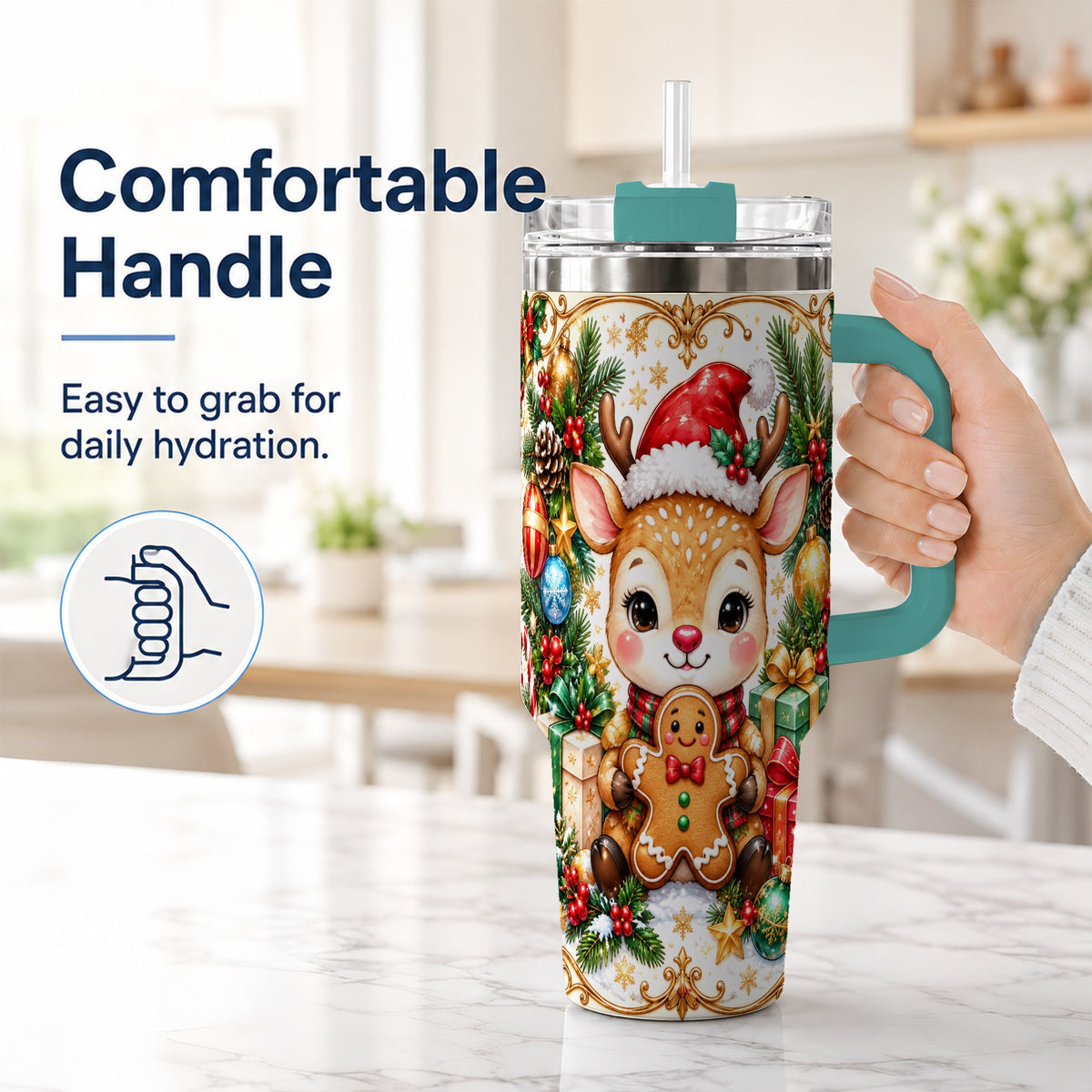 #pl[40oz|Green] Reindeer 40oz Tumbler, Gingerbread Deer Stainless Steel Travel Cup